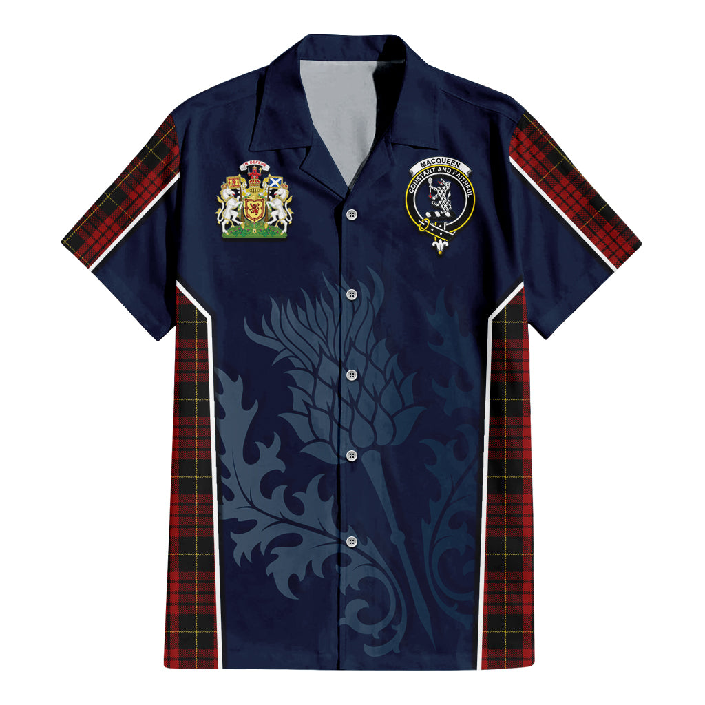 Tartan Vibes Clothing MacQueen Tartan Short Sleeve Button Up Shirt with Family Crest and Scottish Thistle Vibes Sport Style