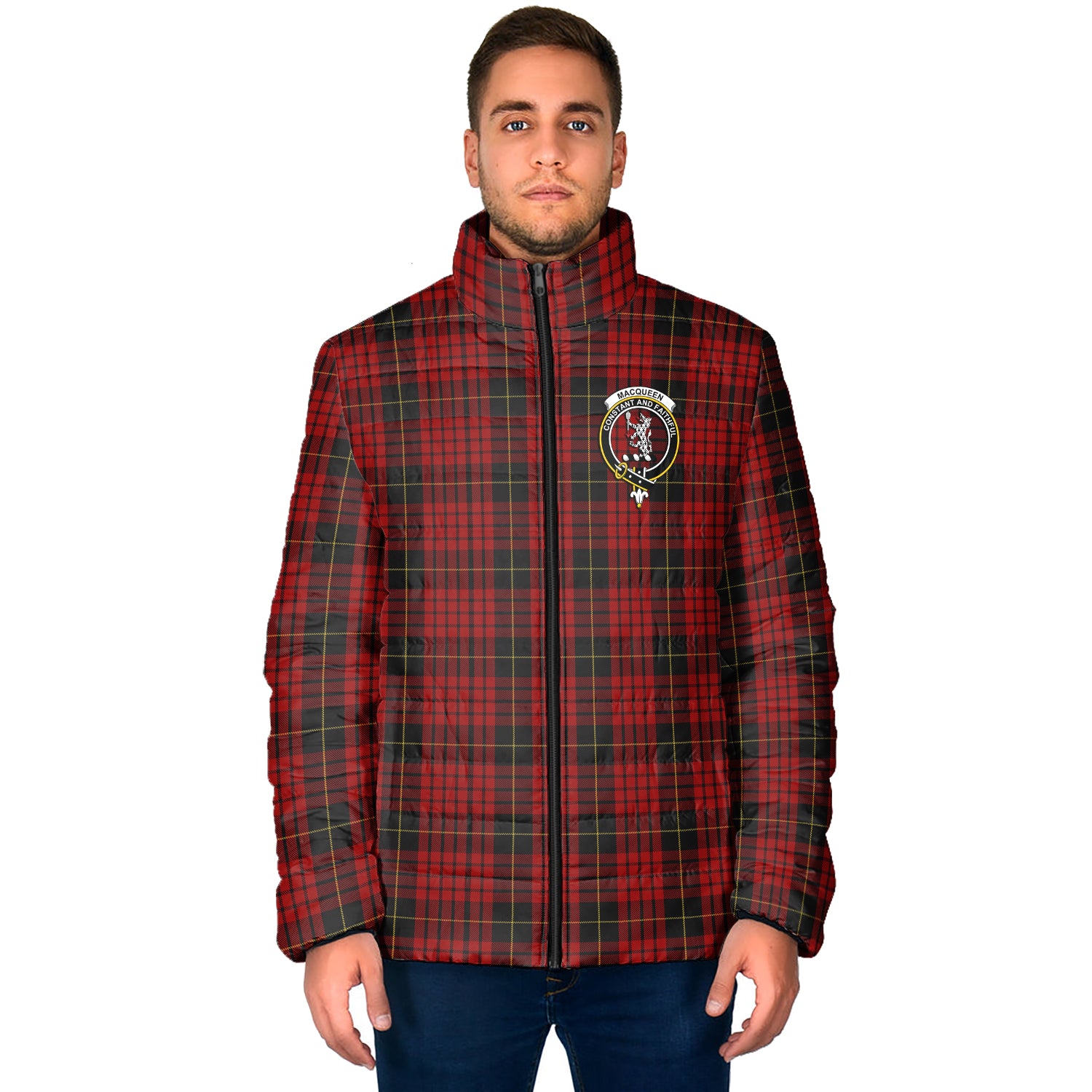 MacQueen (McQueen) Tartan Padded Jacket with Family Crest - Tartan Vibes Clothing