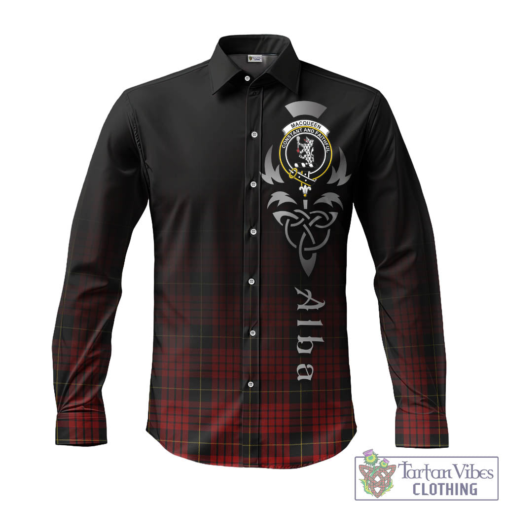 Tartan Vibes Clothing MacQueen Tartan Long Sleeve Button Up Featuring Alba Gu Brath Family Crest Celtic Inspired