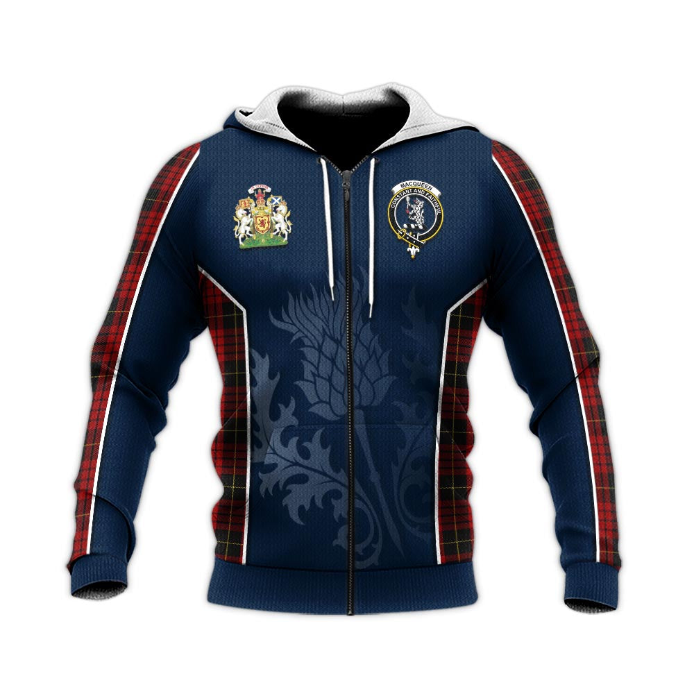 Tartan Vibes Clothing MacQueen Tartan Knitted Hoodie with Family Crest and Scottish Thistle Vibes Sport Style