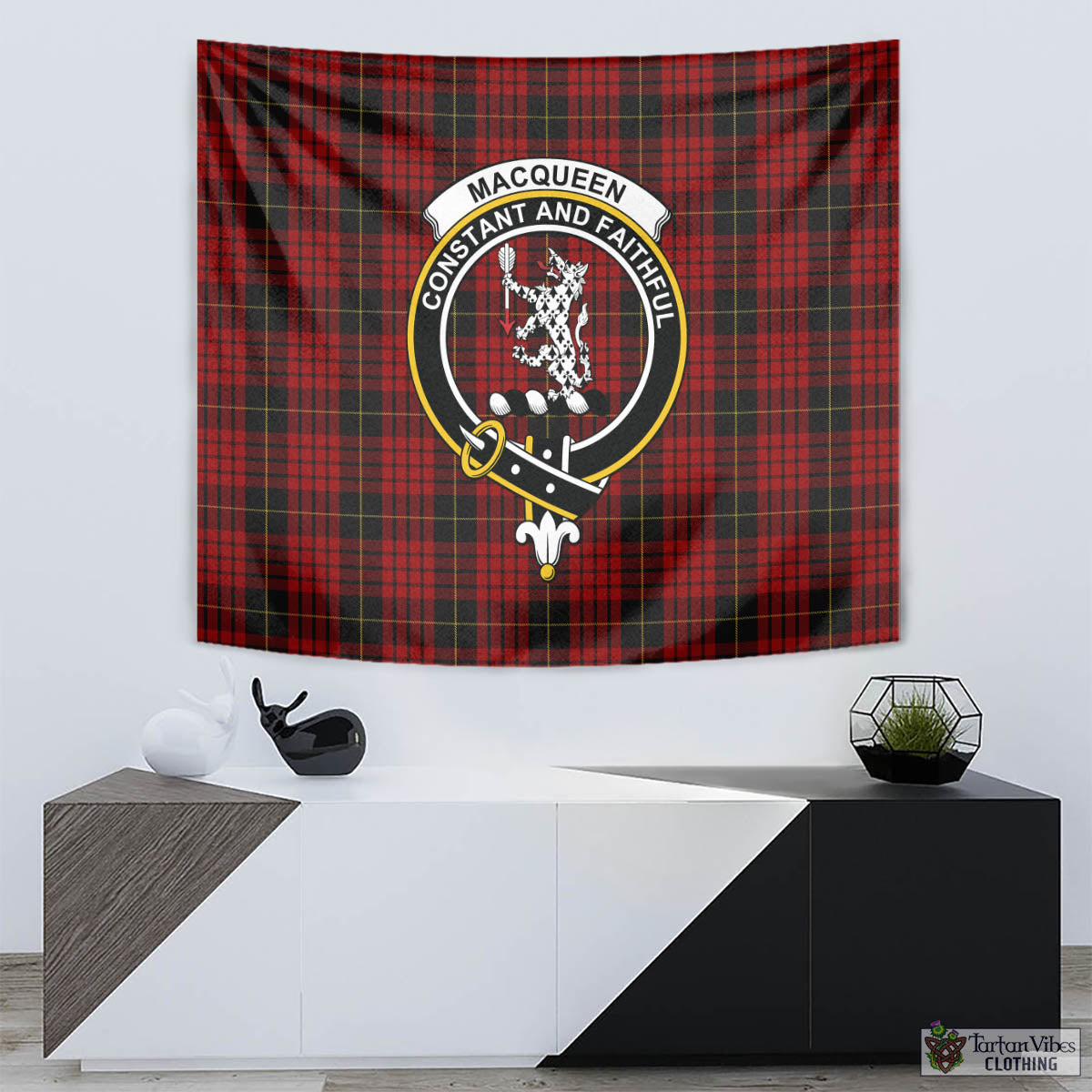 Tartan Vibes Clothing MacQueen Tartan Tapestry Wall Hanging and Home Decor for Room with Family Crest