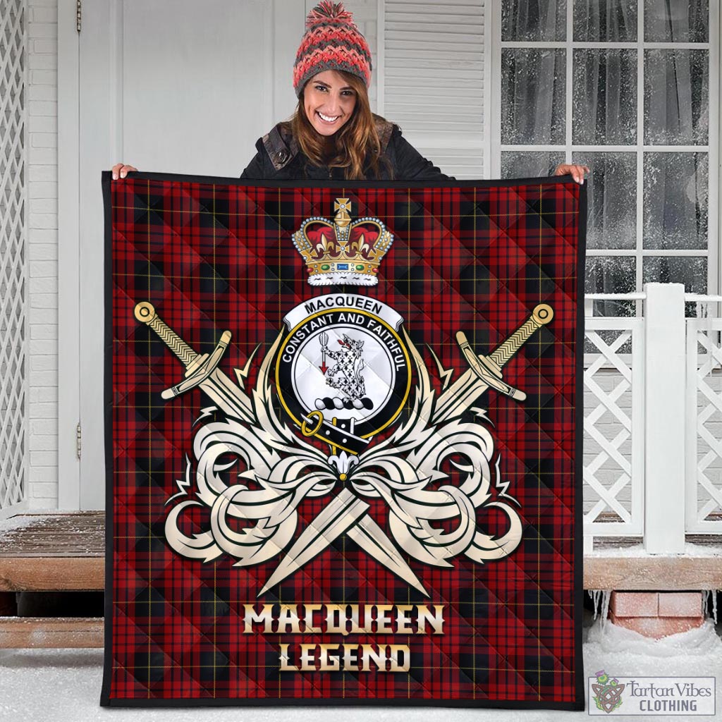 Tartan Vibes Clothing MacQueen Tartan Quilt with Clan Crest and the Golden Sword of Courageous Legacy