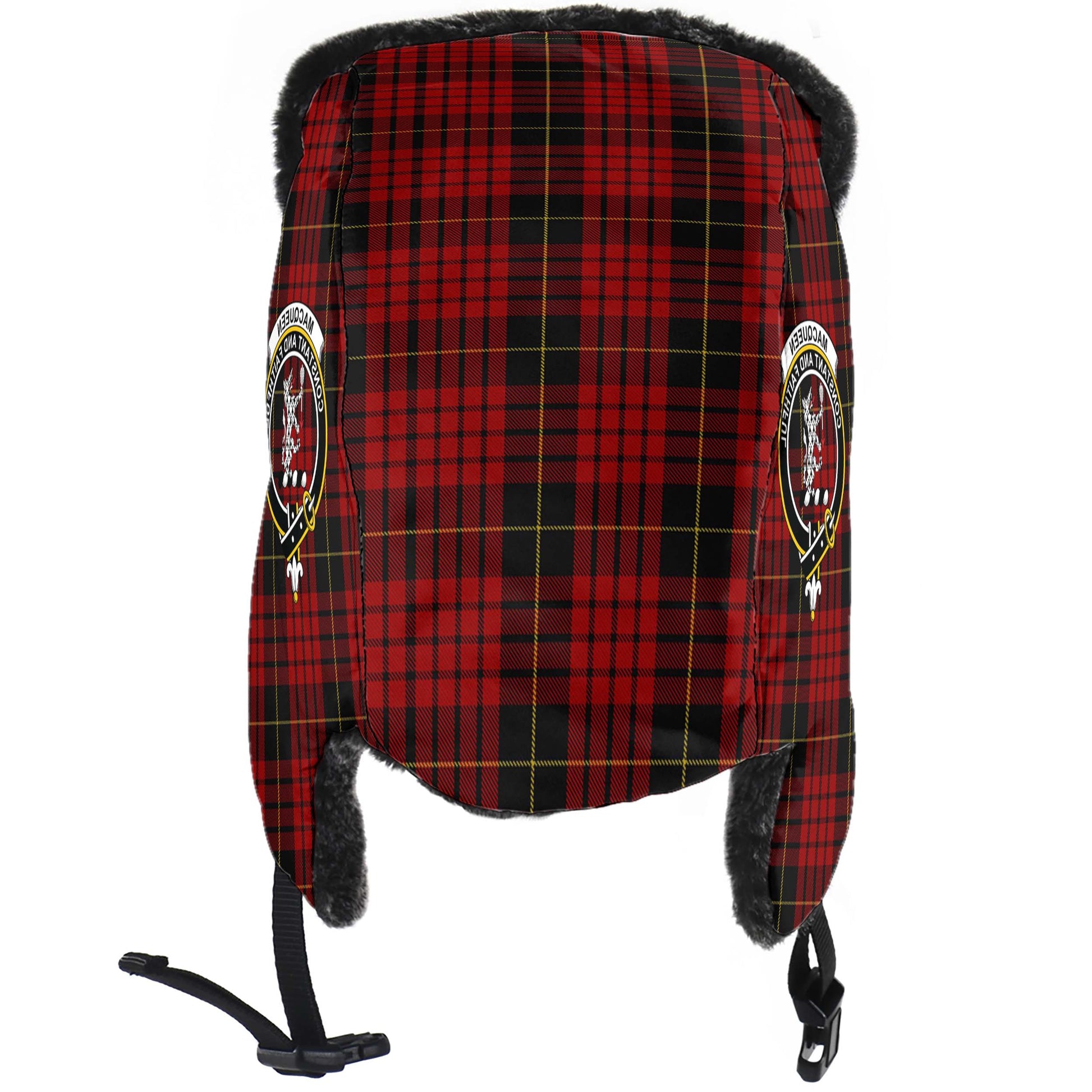 MacQueen Tartan Winter Trapper Hat with Family Crest - Tartanvibesclothing