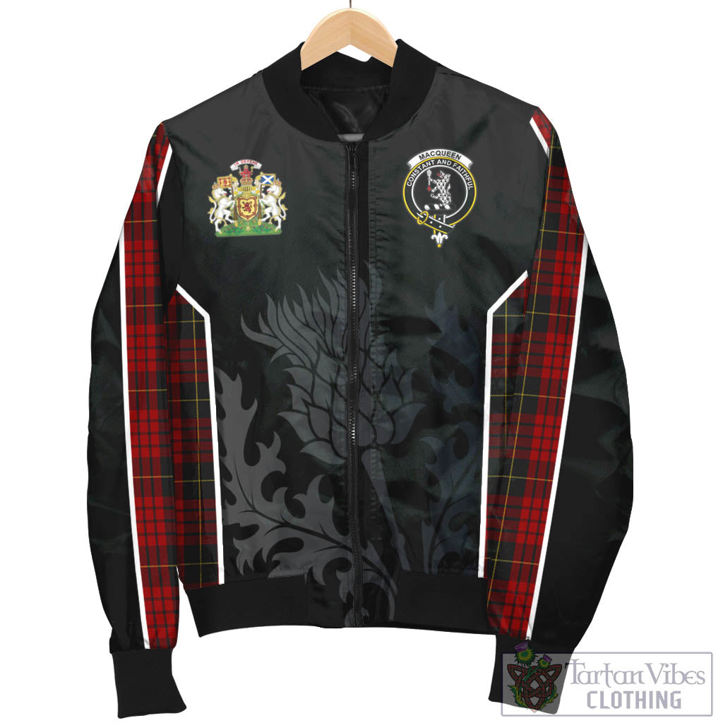 Tartan Vibes Clothing MacQueen Tartan Bomber Jacket with Family Crest and Scottish Thistle Vibes Sport Style