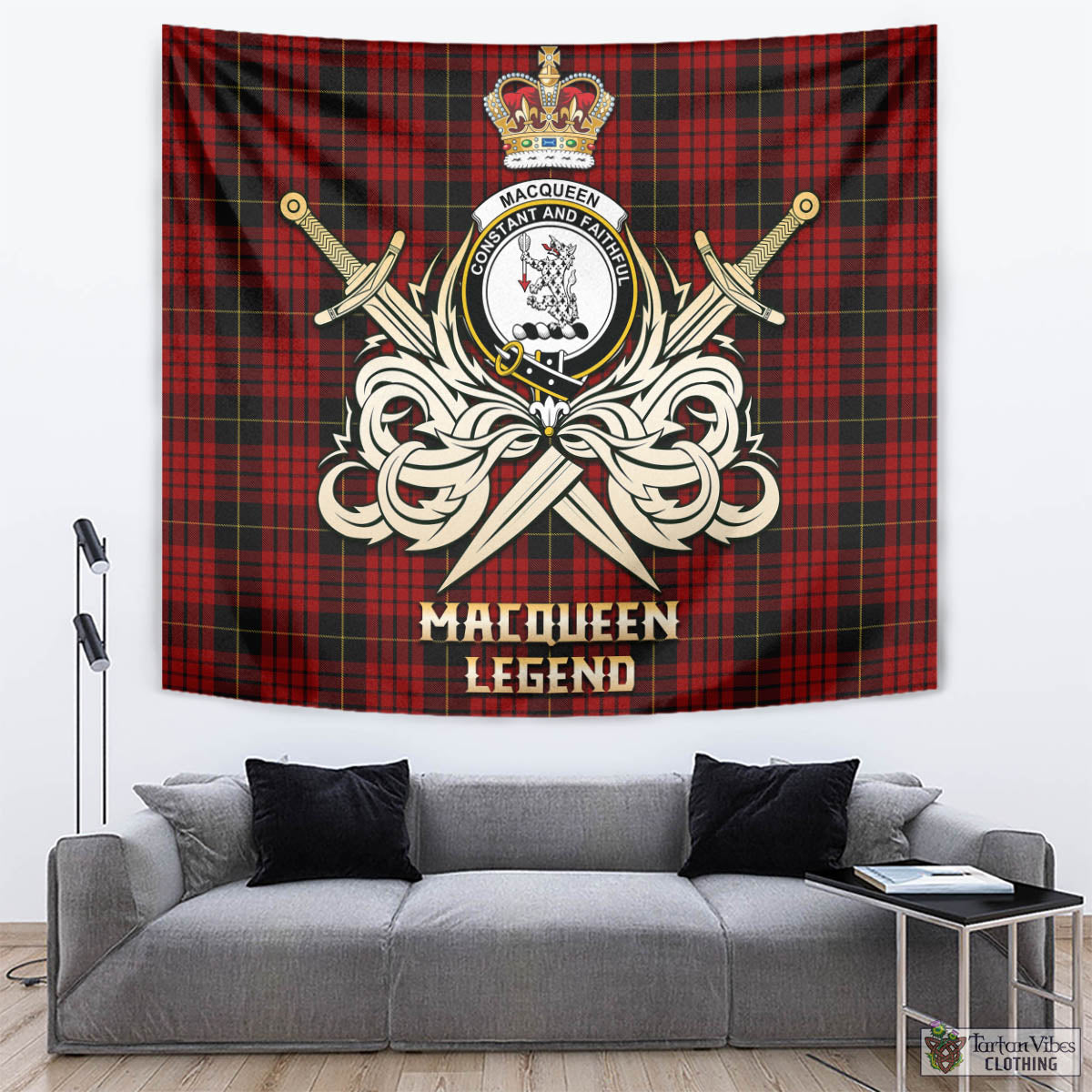 Tartan Vibes Clothing MacQueen Tartan Tapestry with Clan Crest and the Golden Sword of Courageous Legacy