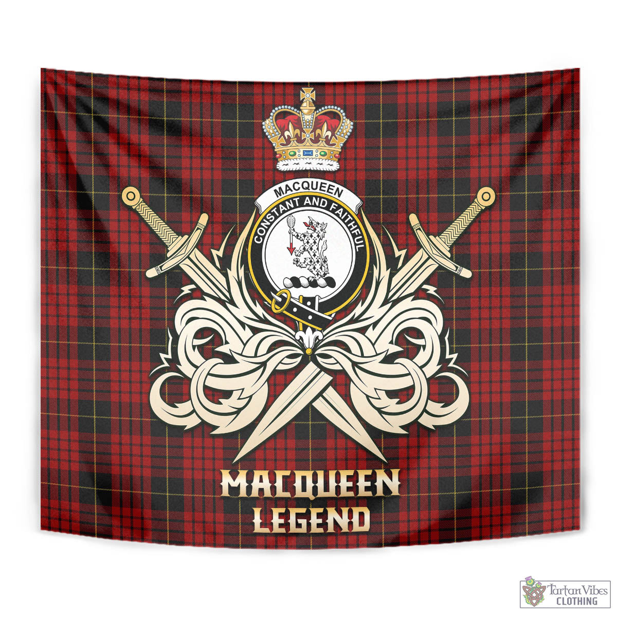 Tartan Vibes Clothing MacQueen Tartan Tapestry with Clan Crest and the Golden Sword of Courageous Legacy