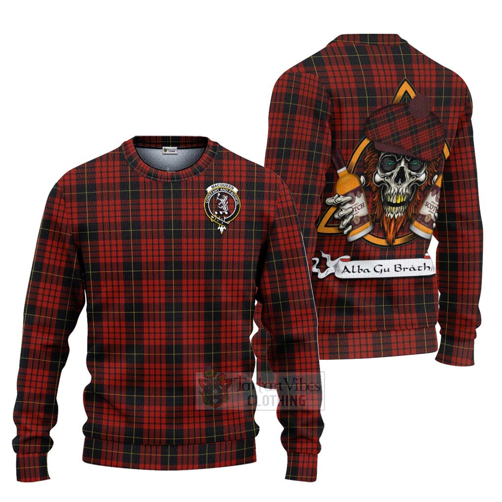 Tartan Vibes Clothing MacQueen (McQueen) Tartan Knitted Sweater with Family Crest and Bearded Skull Holding Bottles of Whiskey