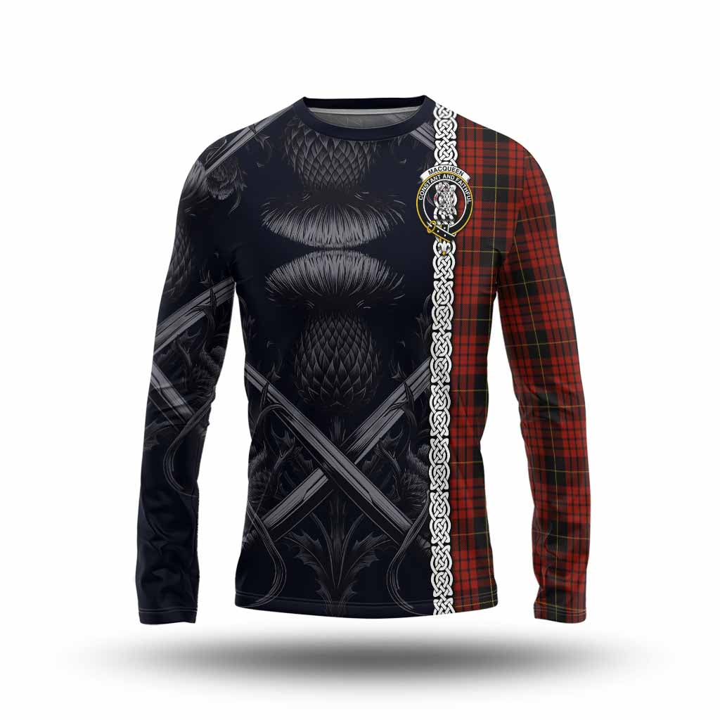 Tartan Vibes Clothing MacQueen (McQueen) Tartan Long Sleeve T-Shirt with Family Crest Cross Sword Thistle Celtic Vibes