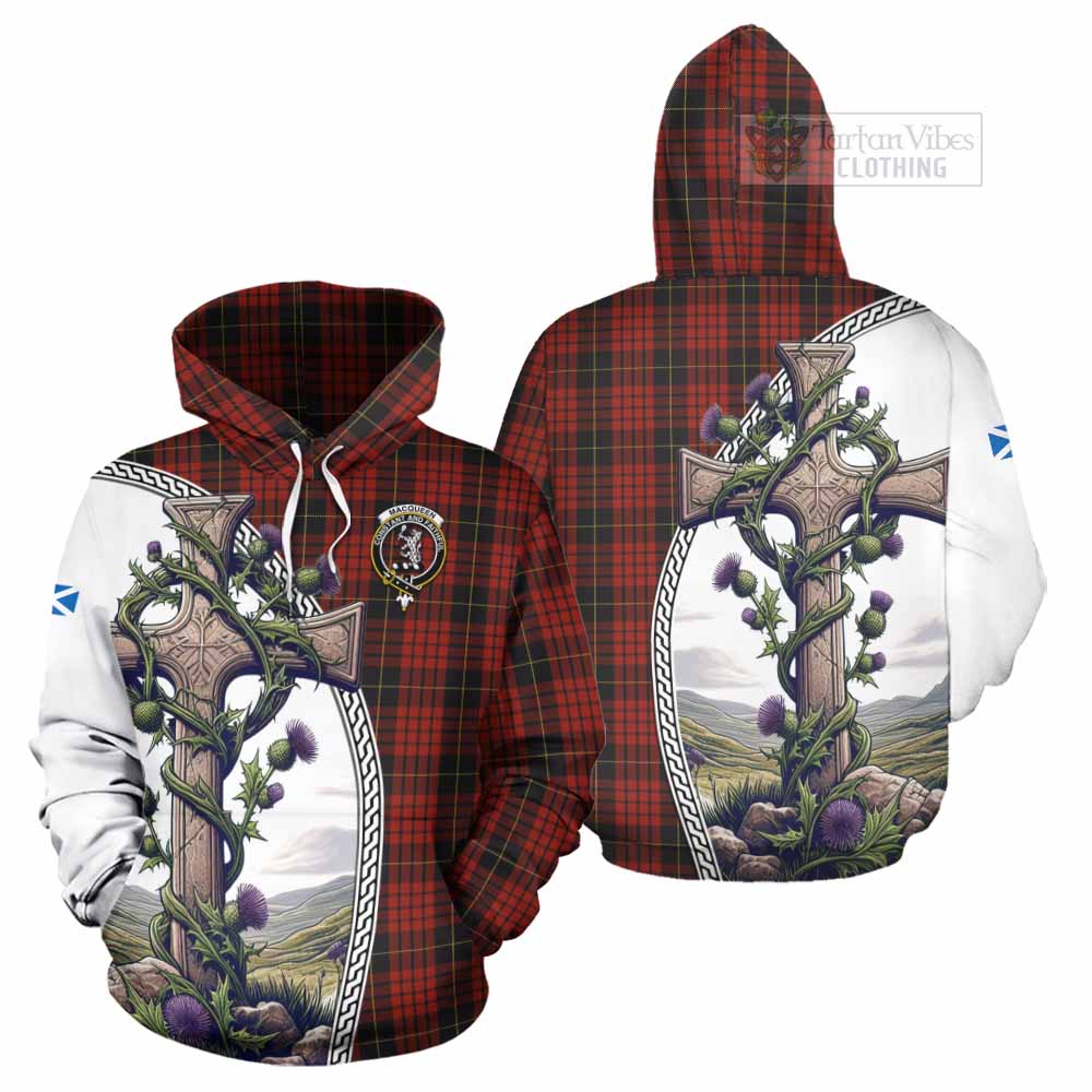 Tartan Vibes Clothing MacQueen (McQueen) Tartan Hoodie with Family Crest and St. Andrew's Cross Accented by Thistle Vines