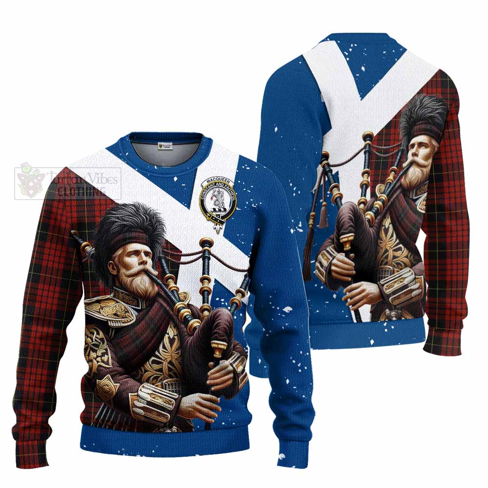 Tartan Vibes Clothing MacQueen (McQueen) Tartan Knitted Sweater with Family Crest Scottish Bagpiper Vibes