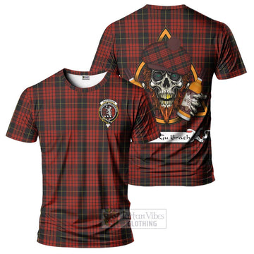 MacQueen (McQueen) Tartan T-Shirt with Family Crest and Bearded Skull Holding Bottles of Whiskey