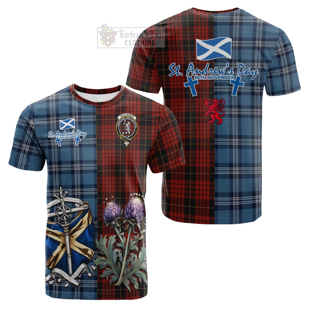 Tartan Vibes Clothing MacQueen (McQueen) Tartan Cotton T-shirt Happy St. Andrew's Day Half Tartan Style