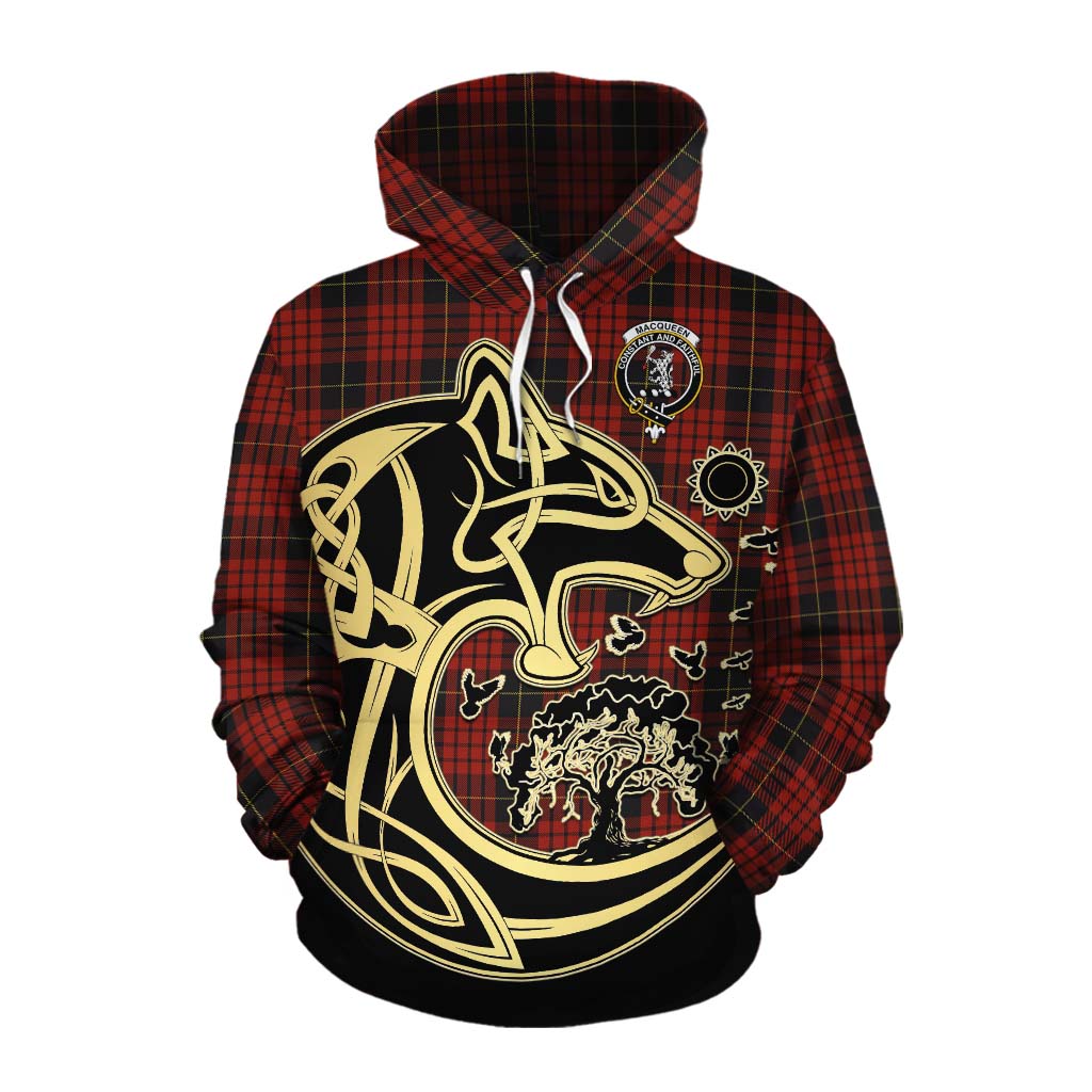 Tartan Vibes Clothing MacQueen (McQueen) Tartan Cotton Hoodie with Family Crest Celtic Wolf Style