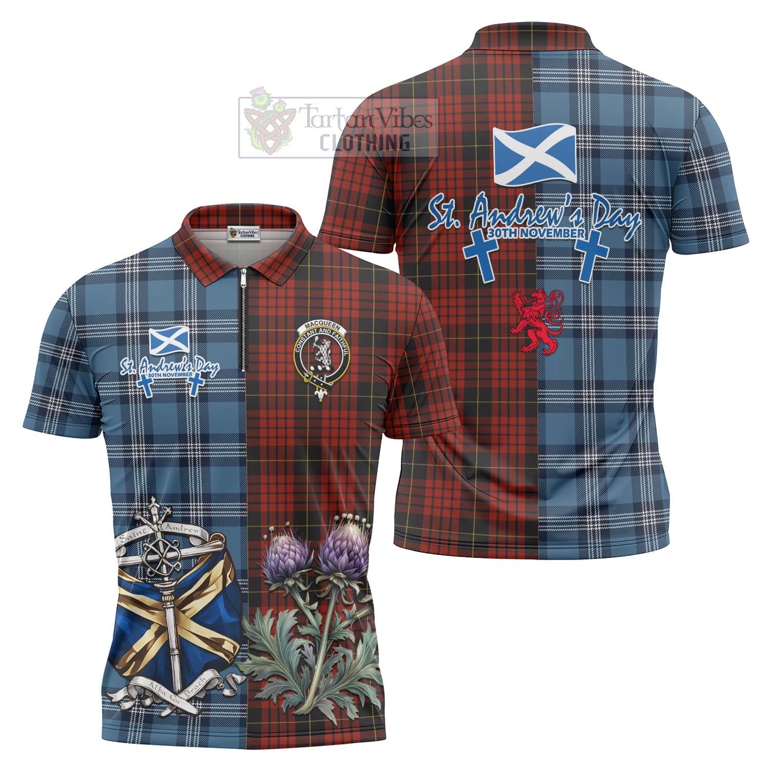 Tartan Vibes Clothing MacQueen (McQueen) Tartan Zipper Polo Shirt Happy St. Andrew's Day Half Tartan Style