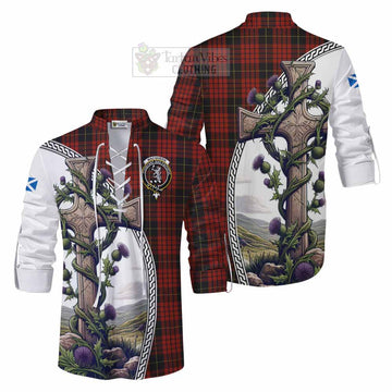 MacQueen (McQueen) Tartan Ghillie Kilt Shirt with Family Crest and St. Andrew's Cross Accented by Thistle Vines