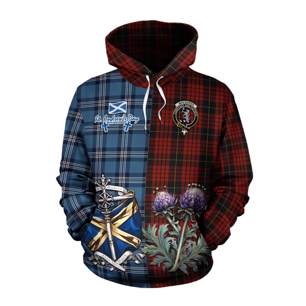 Tartan Vibes Clothing MacQueen (McQueen) Tartan Cotton Hoodie Happy St. Andrew's Day Half Tartan Style