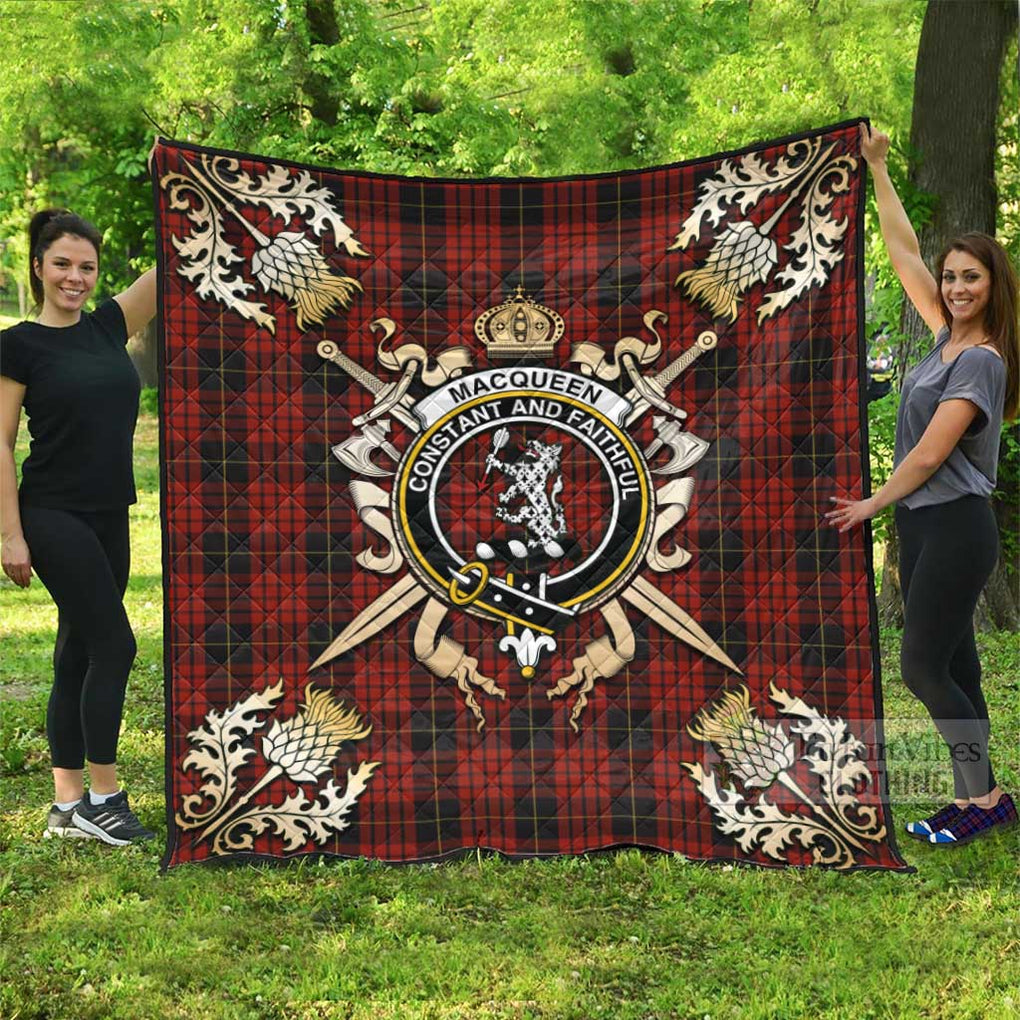 Tartan Vibes Clothing MacQueen (McQueen) Tartan Quilt with Family Crest and Scottish Golden Courage Shield