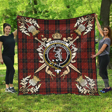 MacQueen (McQueen) Tartan Quilt with Family Crest and Golden Thistle Crossed Sword Design