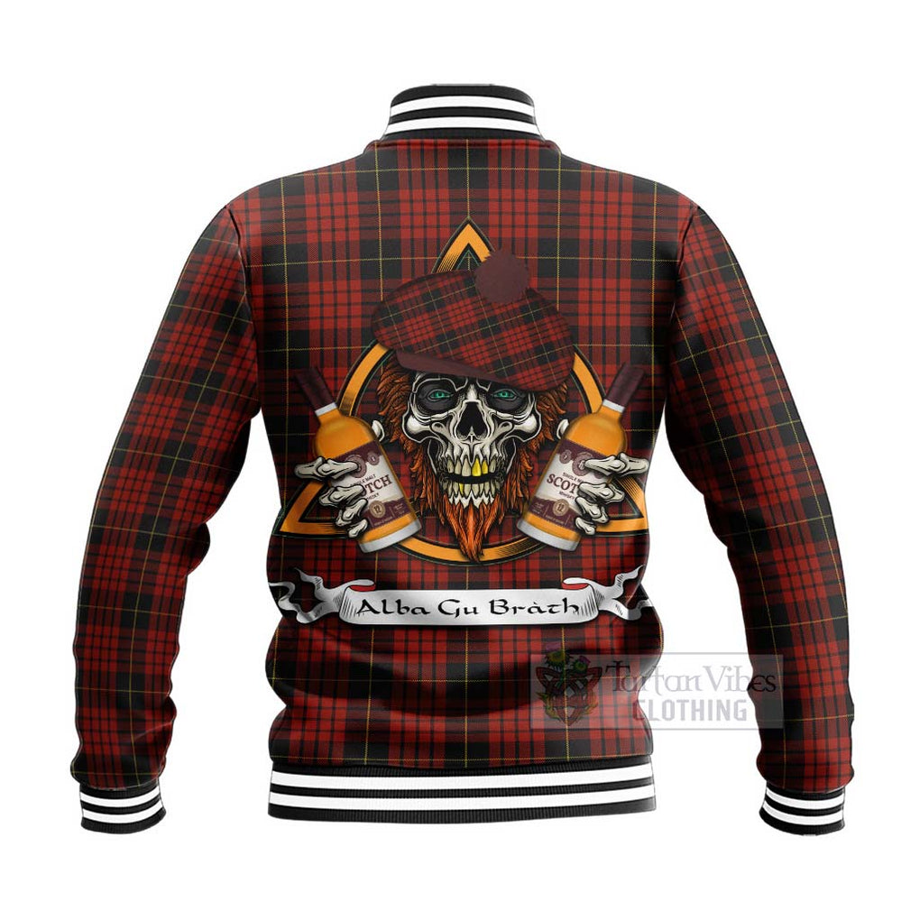 Tartan Vibes Clothing MacQueen (McQueen) Tartan Baseball Jacket with Family Crest and Bearded Skull Holding Bottles of Whiskey