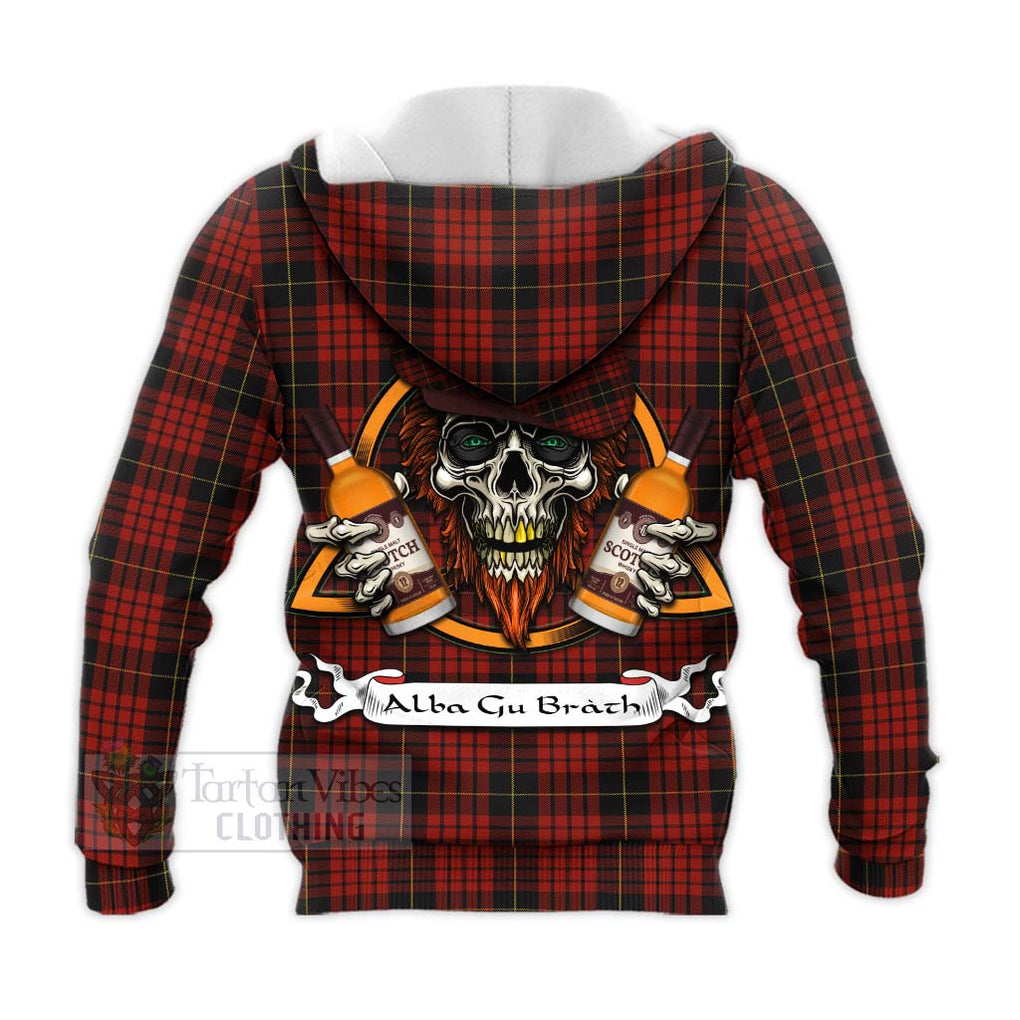 Tartan Vibes Clothing MacQueen (McQueen) Tartan Knitted Hoodie with Family Crest and Bearded Skull Holding Bottles of Whiskey