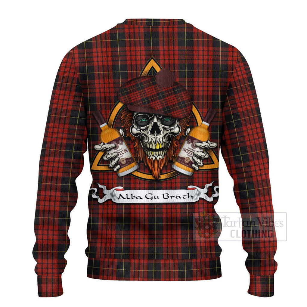 Tartan Vibes Clothing MacQueen (McQueen) Tartan Knitted Sweater with Family Crest and Bearded Skull Holding Bottles of Whiskey