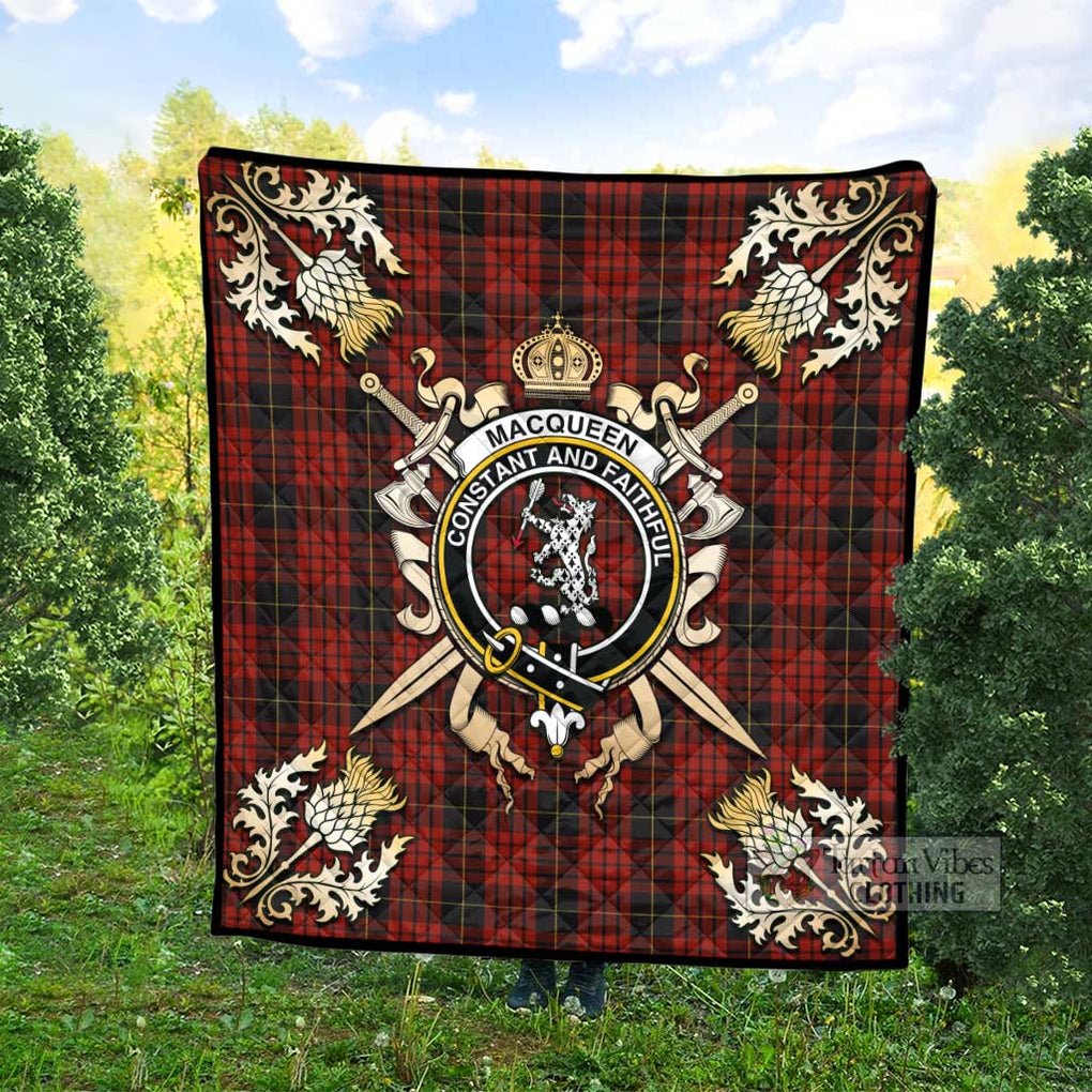 Tartan Vibes Clothing MacQueen (McQueen) Tartan Quilt with Family Crest and Scottish Golden Courage Shield