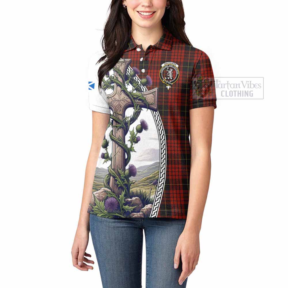 Tartan Vibes Clothing MacQueen (McQueen) Tartan Women's Polo Shirt with Family Crest and St. Andrew's Cross Accented by Thistle Vines