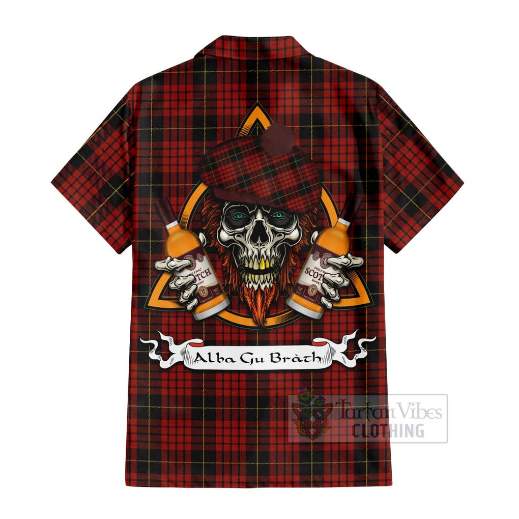 Tartan Vibes Clothing MacQueen (McQueen) Tartan Short Sleeve Button Shirt with Family Crest and Bearded Skull Holding Bottles of Whiskey