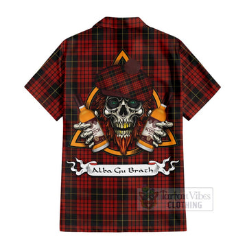 MacQueen (McQueen) Tartan Short Sleeve Button Shirt with Family Crest and Bearded Skull Holding Bottles of Whiskey