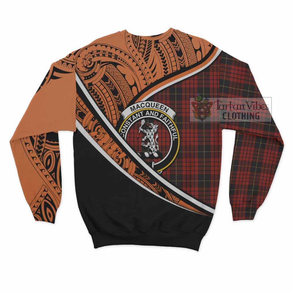 Tartan Vibes Clothing MacQueen (McQueen) Crest Tartan Sweatshirt with Maori Tattoo Style - Orange Version