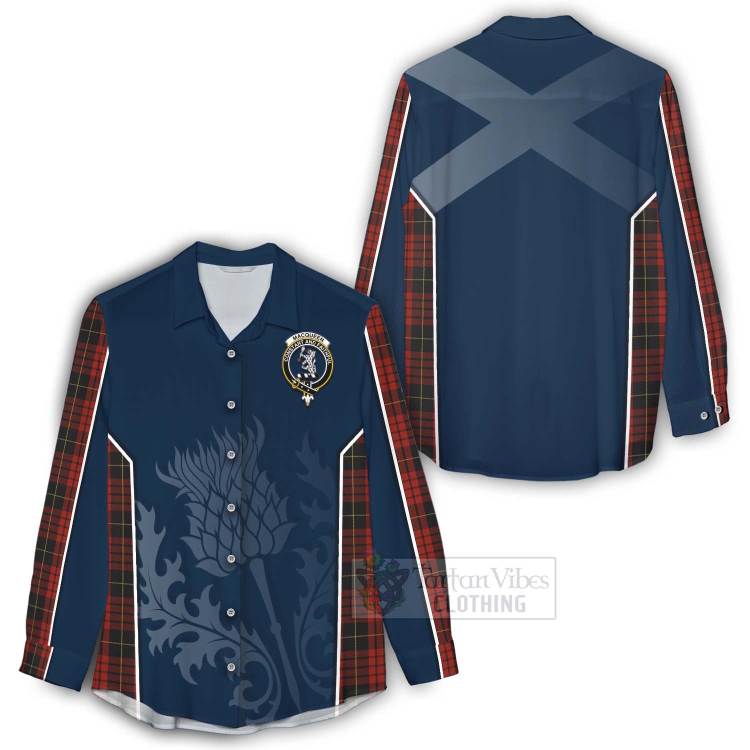 Tartan Vibes Clothing MacQueen (McQueen) Tartan Women's Casual Shirt with Family Crest and Scottish Thistle Vibes Sport Style