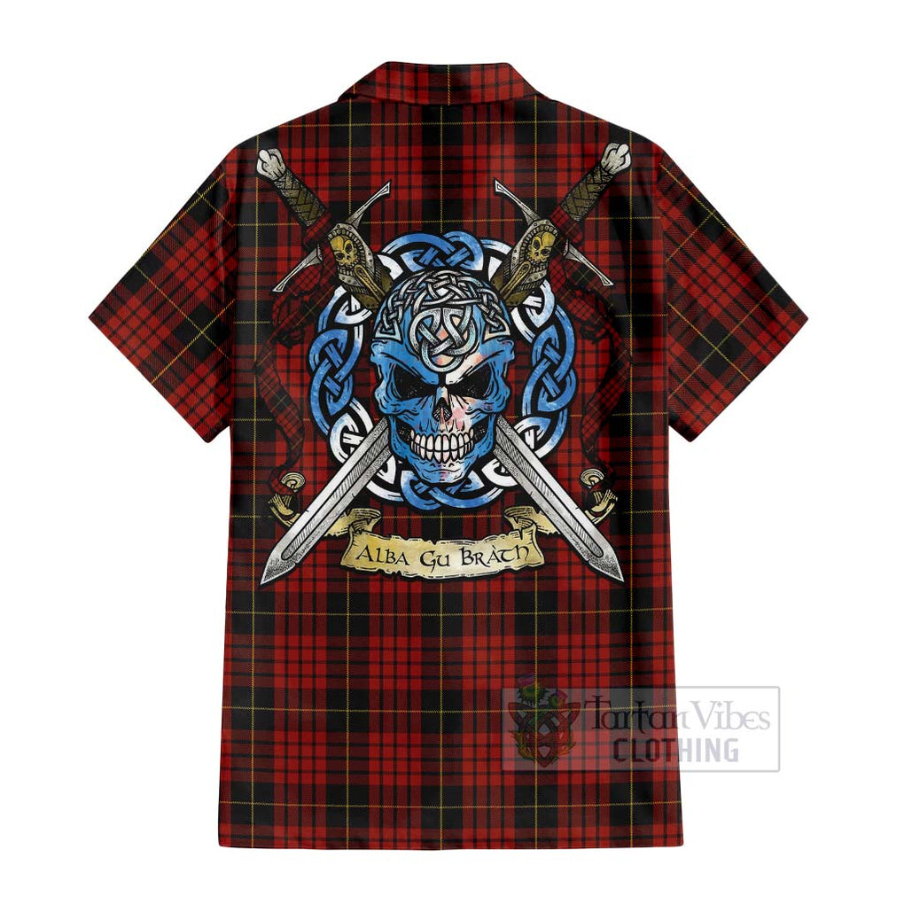 Tartan Vibes Clothing MacQueen (McQueen) Tartan Short Sleeve Button Shirt with Family Crest Celtic Skull Style