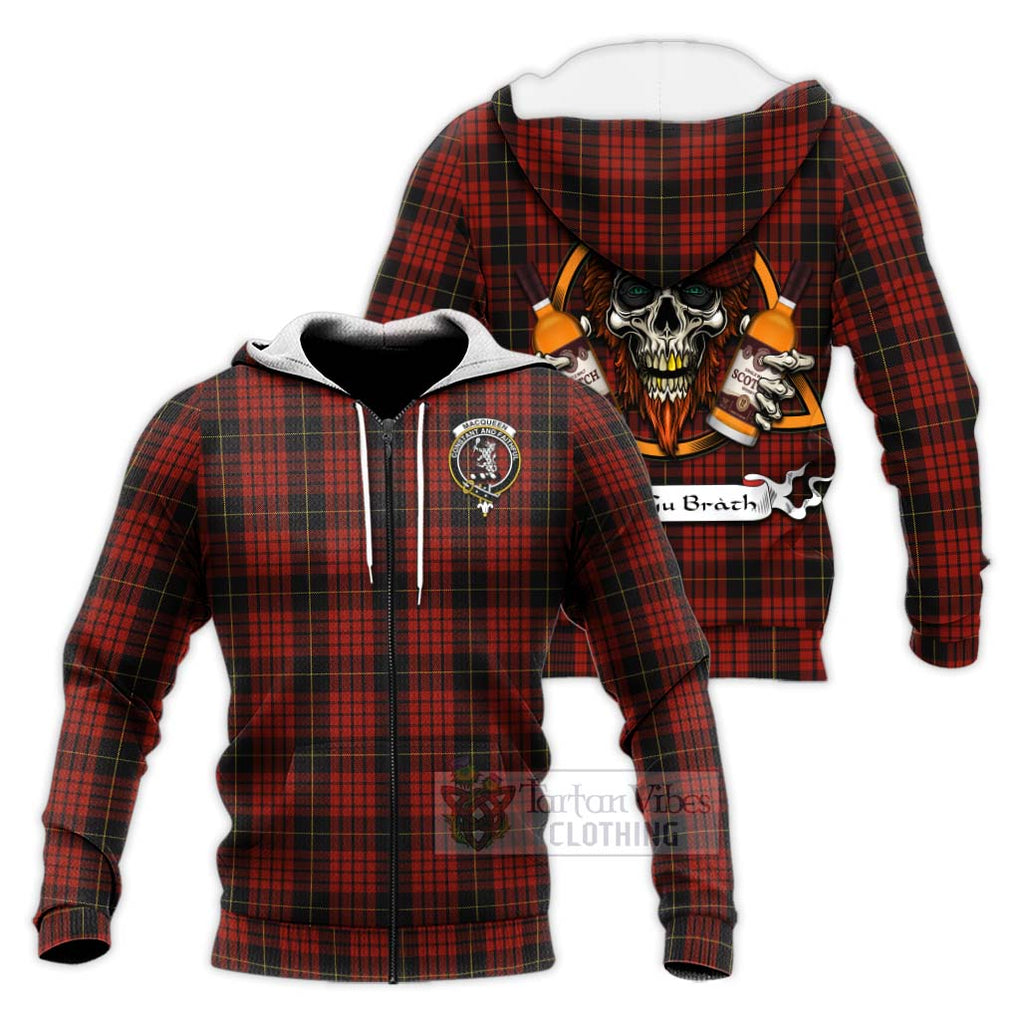 Tartan Vibes Clothing MacQueen (McQueen) Tartan Knitted Hoodie with Family Crest and Bearded Skull Holding Bottles of Whiskey