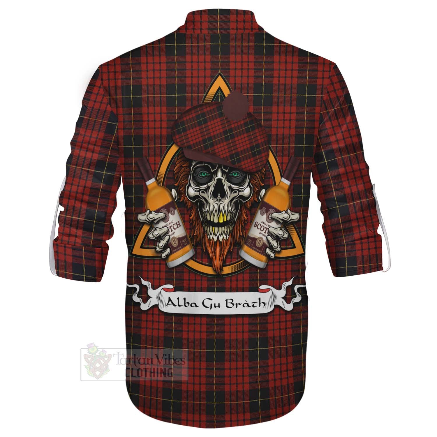 Tartan Vibes Clothing MacQueen (McQueen) Tartan Ghillie Kilt Shirt with Family Crest and Bearded Skull Holding Bottles of Whiskey