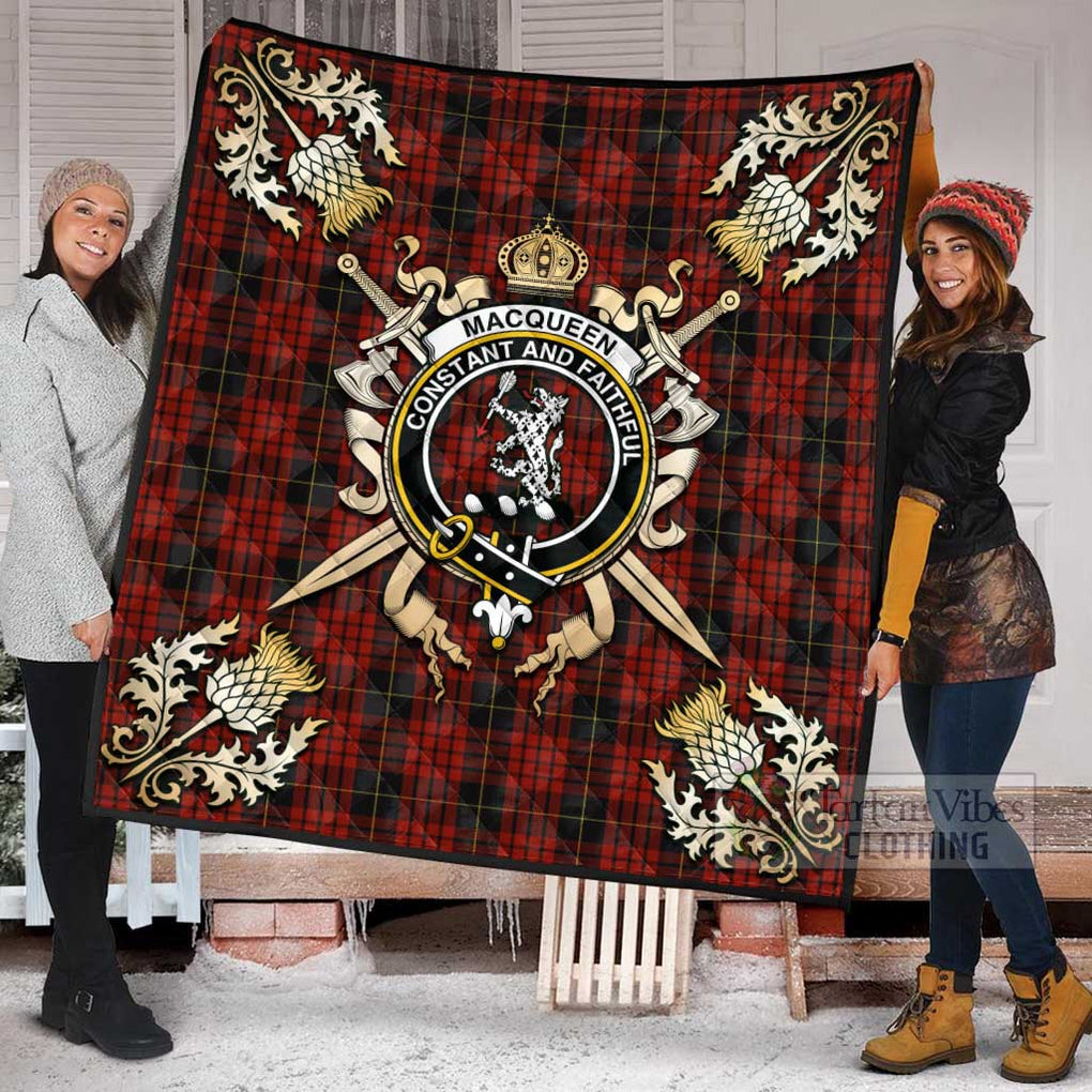 Tartan Vibes Clothing MacQueen (McQueen) Tartan Quilt with Family Crest and Scottish Golden Courage Shield