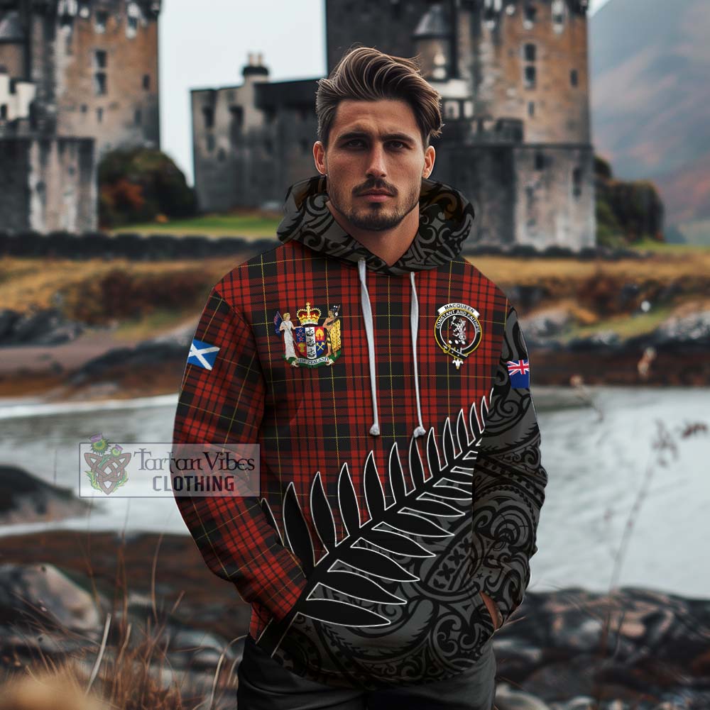 Tartan Vibes Clothing MacQueen (McQueen) Crest Tartan Cotton Hoodie with New Zealand Silver Fern Half Style