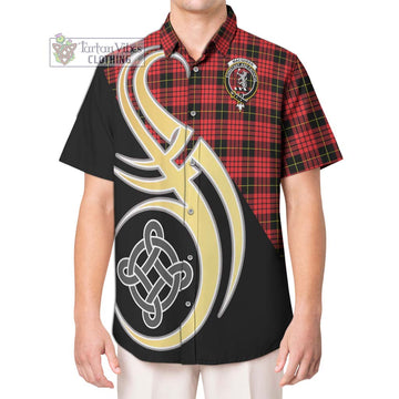 MacQueen Modern Tartan Short Sleeve Button Shirt with Family Crest and Celtic Symbol Style