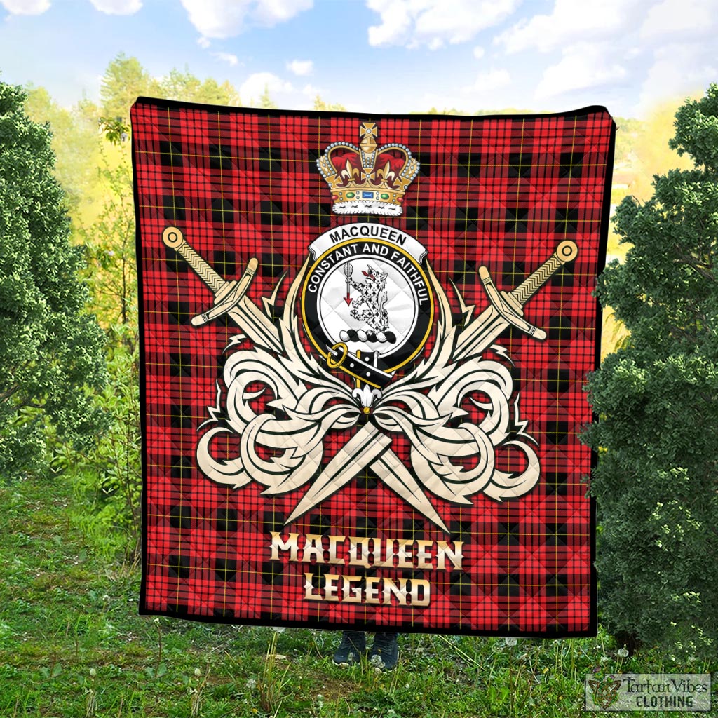 Tartan Vibes Clothing MacQueen Modern Tartan Quilt with Clan Crest and the Golden Sword of Courageous Legacy