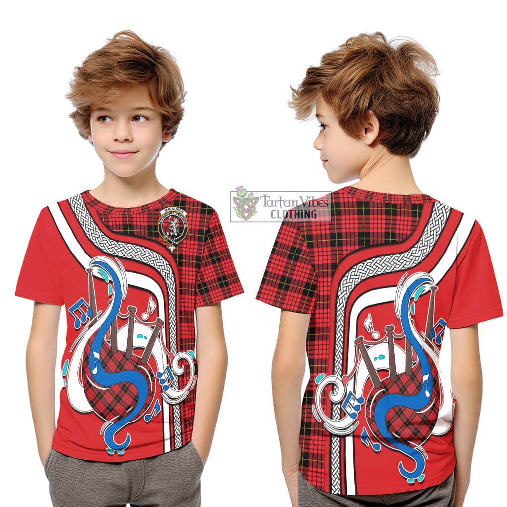 Tartan Vibes Clothing MacQueen Modern Tartan Kid T-Shirt with Epic Bagpipe Style