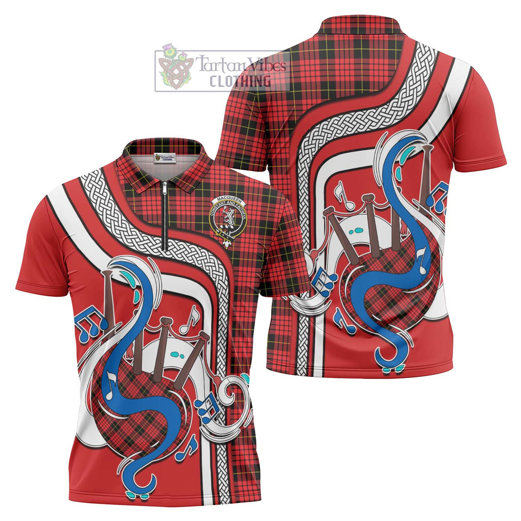 MacQueen Modern Tartan Zipper Polo Shirt with Epic Bagpipe Style Unisex - Tartanvibesclothing Shop