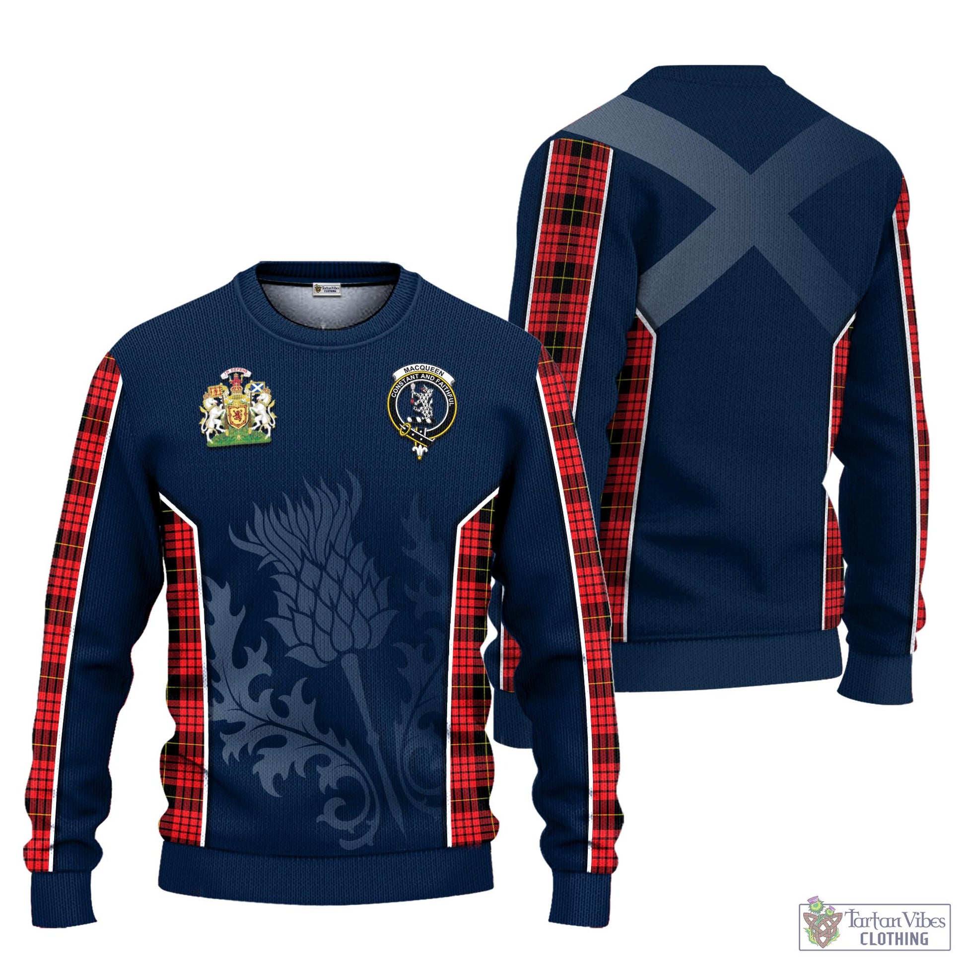 Tartan Vibes Clothing MacQueen Modern Tartan Knitted Sweatshirt with Family Crest and Scottish Thistle Vibes Sport Style