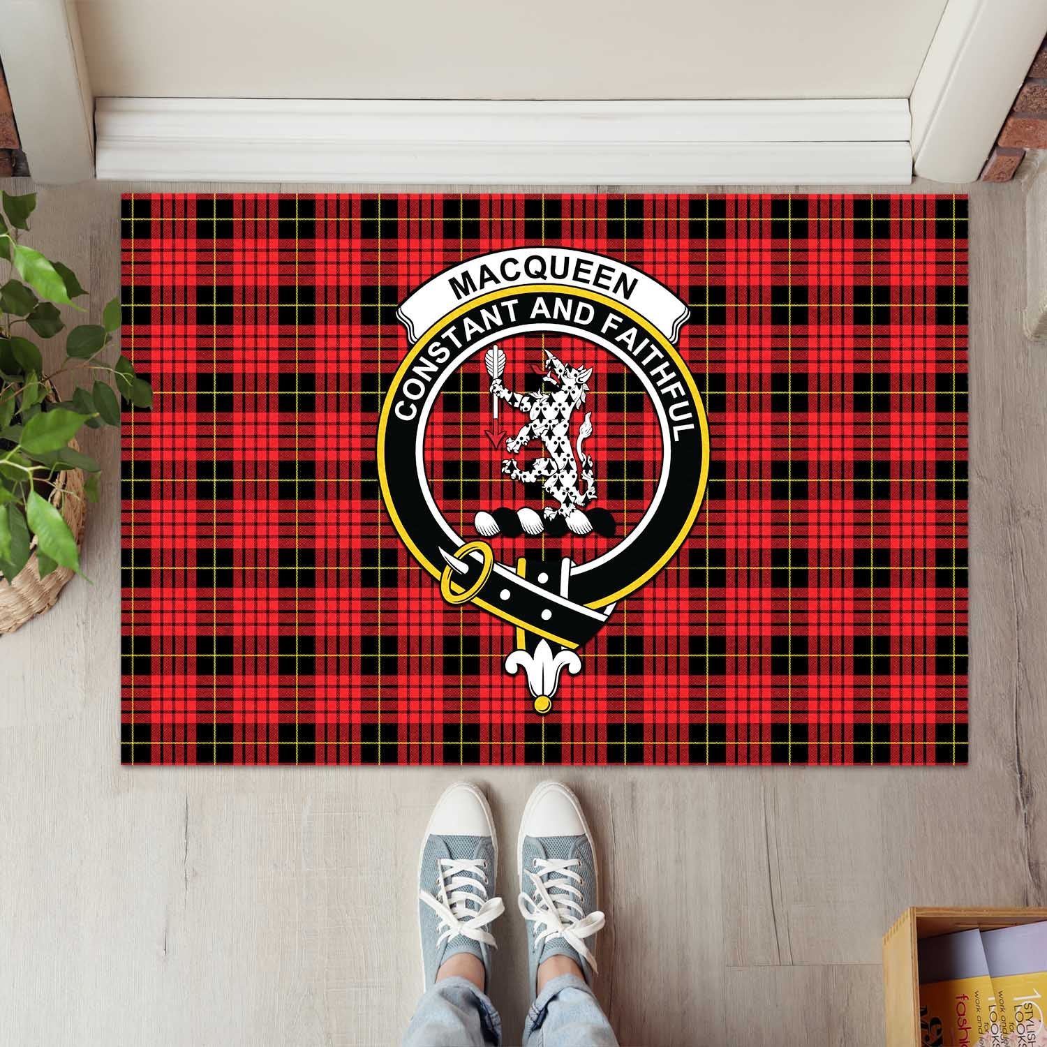 MacQueen Modern Tartan Door Mat with Family Crest - Tartanvibesclothing