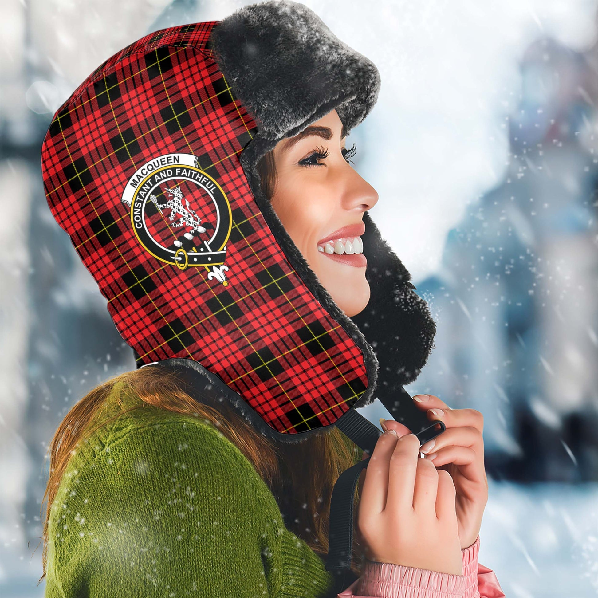 MacQueen Modern Tartan Winter Trapper Hat with Family Crest Winter Trapper Hat Universal Fit Circumference 22.8in (58cm) - Tartanvibesclothing