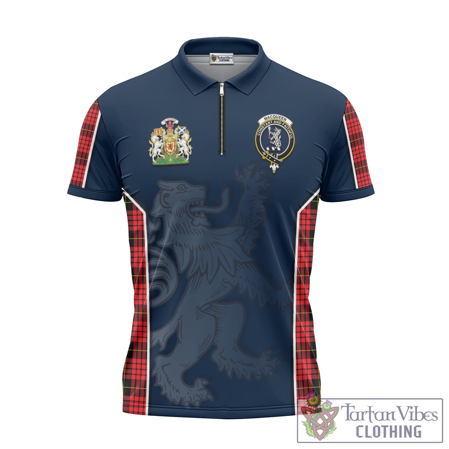 Tartan Vibes Clothing MacQueen Modern Tartan Zipper Polo Shirt with Family Crest and Lion Rampant Vibes Sport Style