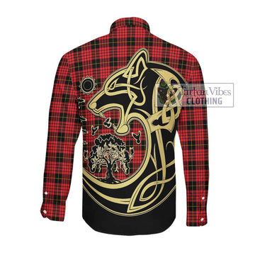 MacQueen Modern Tartan Long Sleeve Button Shirt with Family Crest Celtic Wolf Style