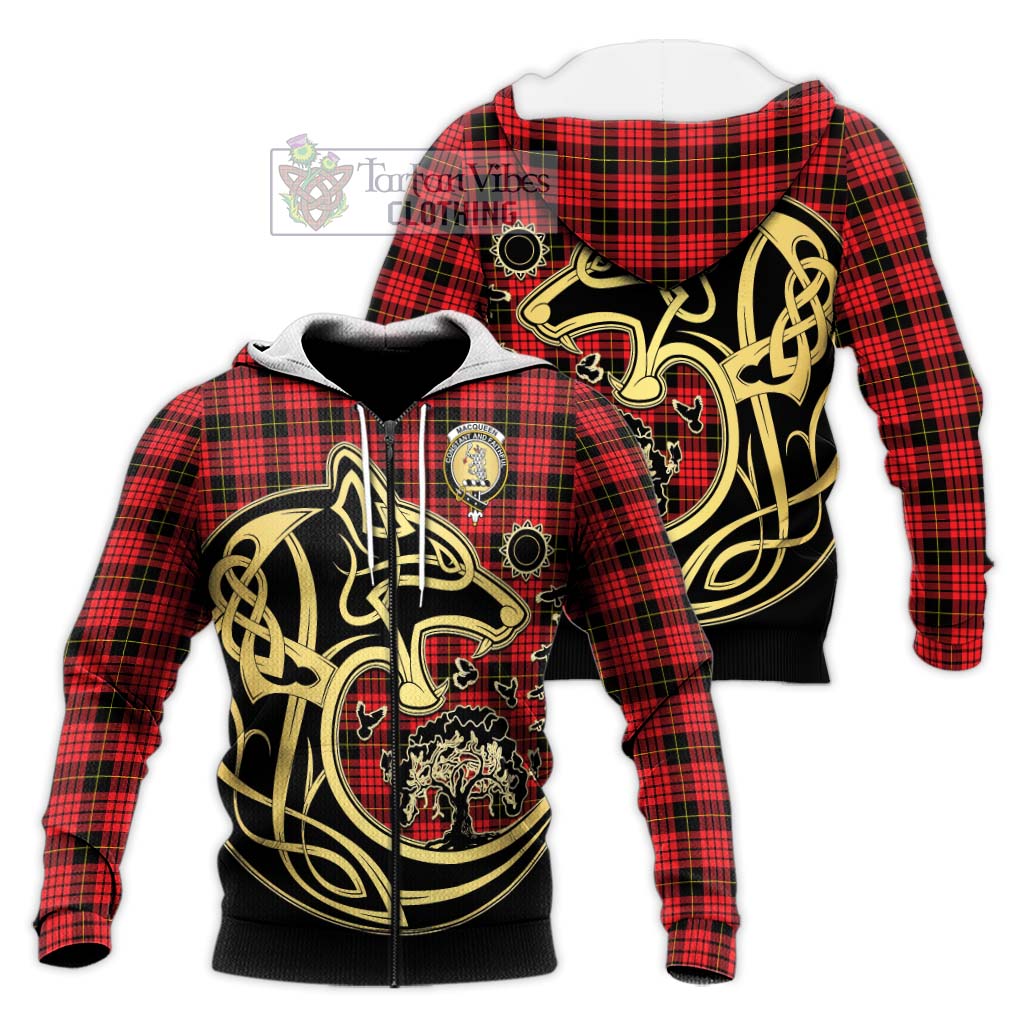 Tartan Vibes Clothing MacQueen Modern Tartan Knitted Hoodie with Family Crest Celtic Wolf Style