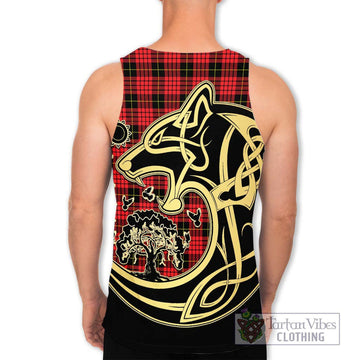 MacQueen Modern Tartan Men's Tank Top with Family Crest Celtic Wolf Style