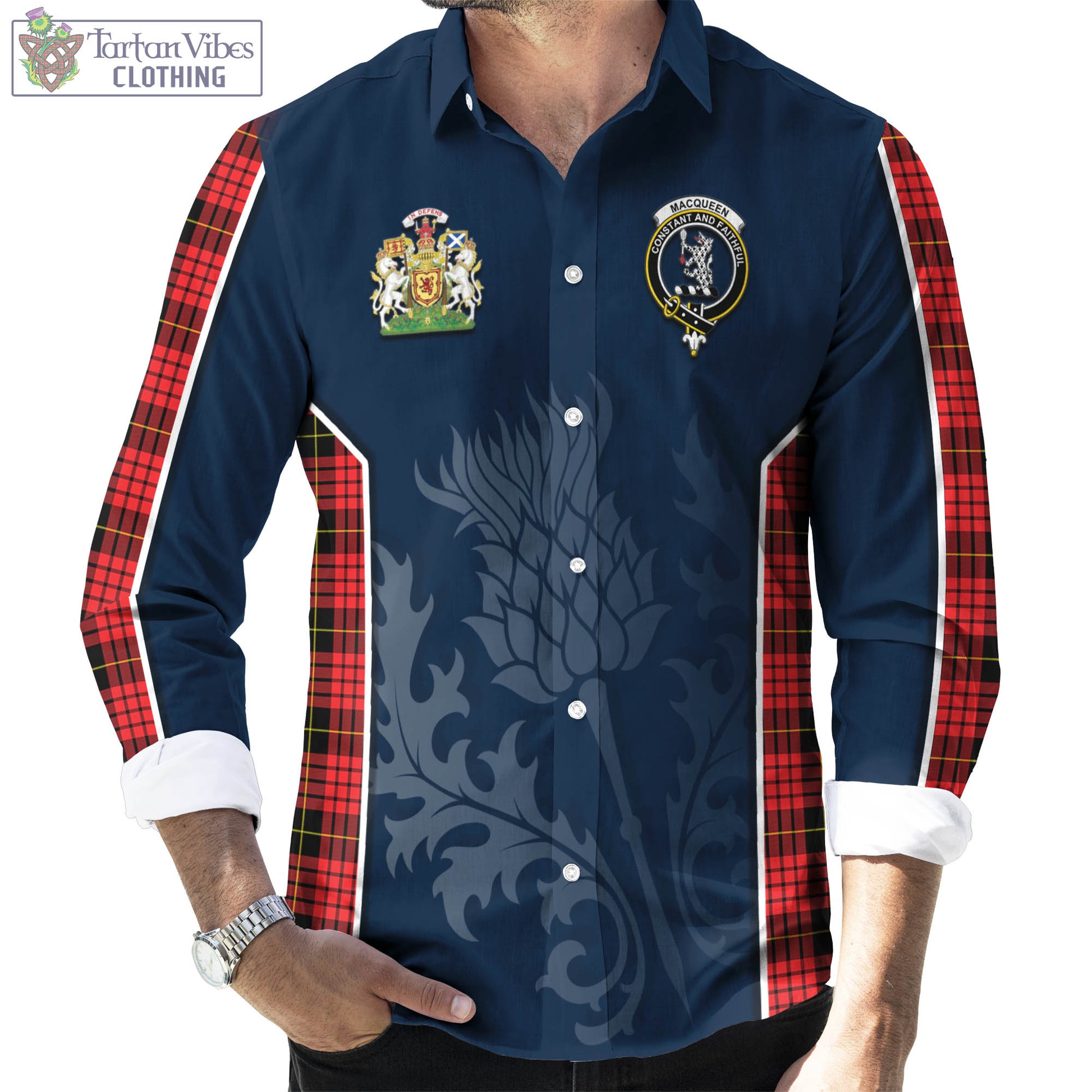 Tartan Vibes Clothing MacQueen Modern Tartan Long Sleeve Button Up Shirt with Family Crest and Scottish Thistle Vibes Sport Style