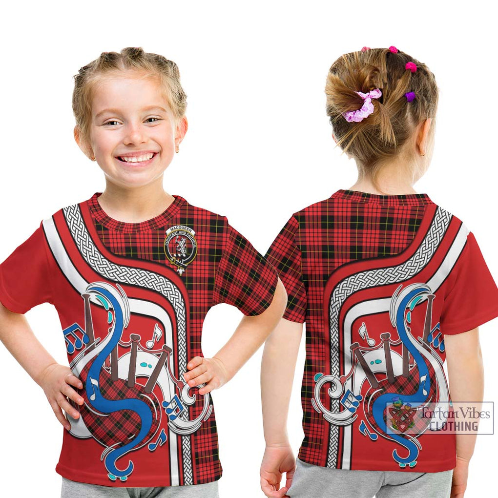 Tartan Vibes Clothing MacQueen Modern Tartan Kid T-Shirt with Epic Bagpipe Style