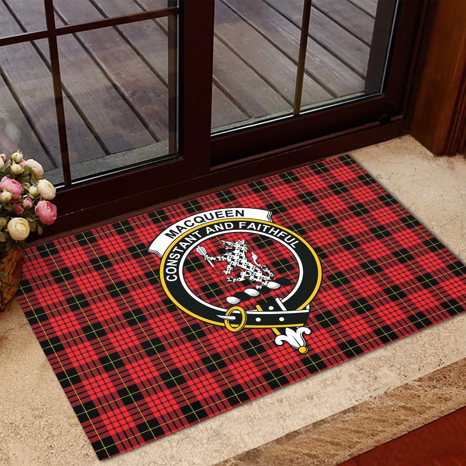 MacQueen Modern Tartan Door Mat with Family Crest - Tartanvibesclothing